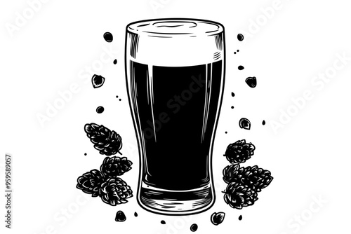 Single, poured glass of beer on a plain surface, surrounded by scattered hops, vector illustration art