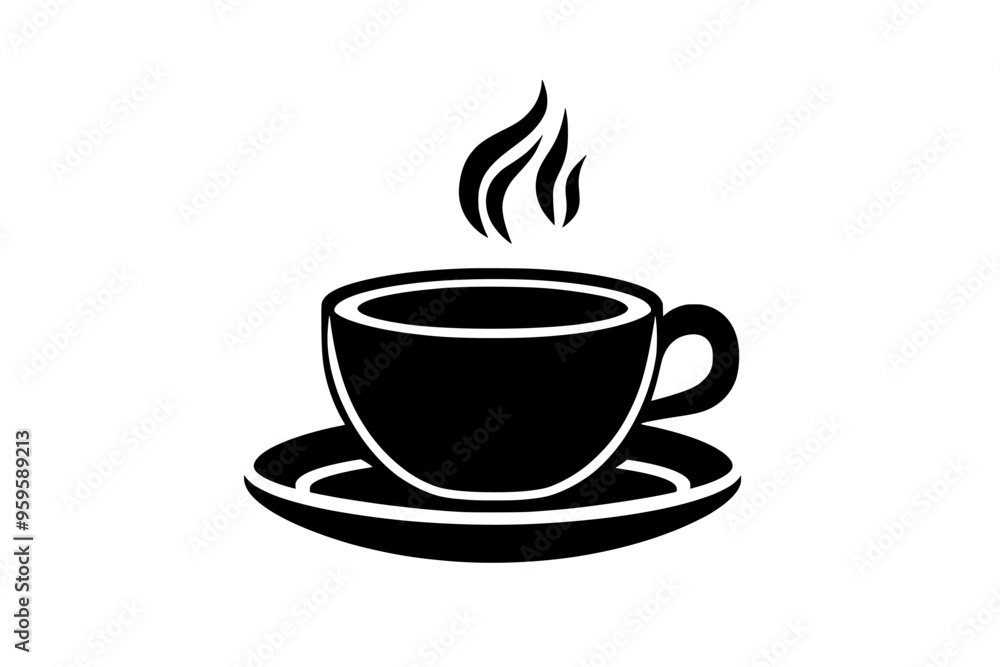 Steaming cup of black coffee with a frothy surface, placed on a plain saucer, vector illustration art Steaming cup of black coffee with a frothy surface, placed on a plain saucer, vector illustration art