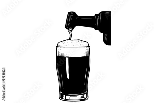 Stout beer tap pouring dark liquid into pint glass, foam, vector illustration art