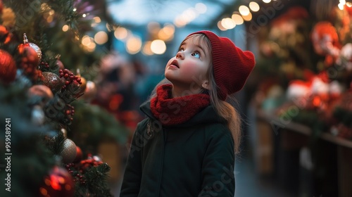 A child in a red hat gazes in wonder at Christmas decorations, surrounded by festive lights and holiday ambiance at a traditional Christmas market.