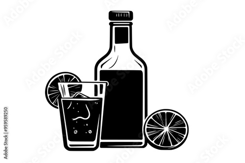 Still life featuring a bottle and a filled glass of red wine on a plain table, vector illustration art