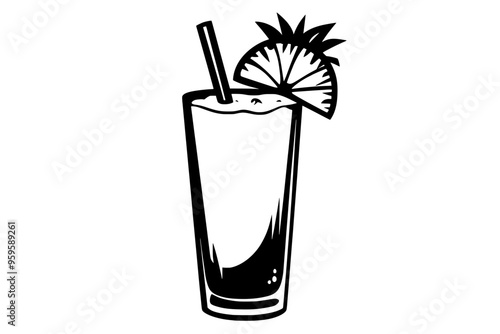 Tall glass of virgin piña colada, creamy with a pineapple slice on the rim, vector illustration art