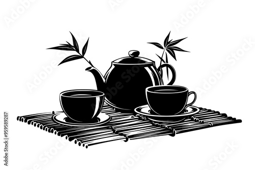 Teapot of black tea with a filled teacup on a bamboo mat, vector illustration art