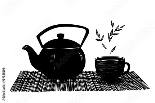 Teapot of herbal tea with a filled teacup on a bamboo mat, vector illustration art