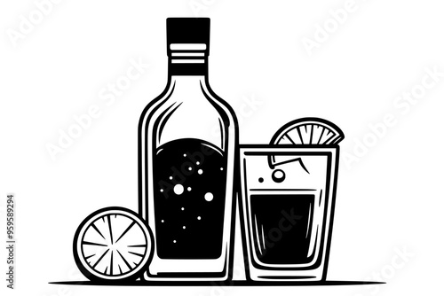 Tequila bottle and filled shot glass beside salt shaker and lime slice, vector illustration art