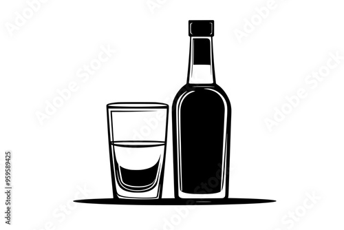 Vodka bottle and filled shot glass on a smooth, flat surface, vector illustration art