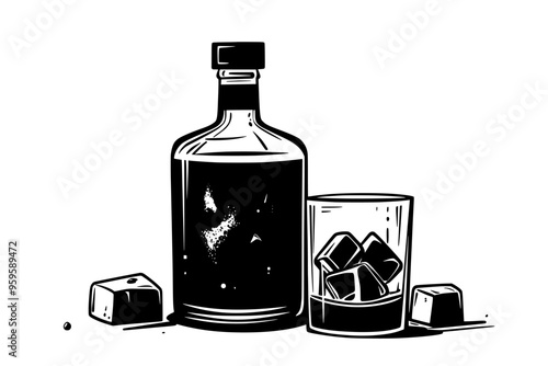 Whiskey bottle and filled glass on wooden surface with cork, vector illustration art