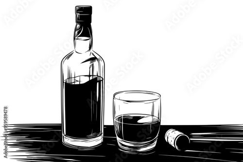 Whiskey bottle and filled glass on wooden surface with cork, vector illustration art