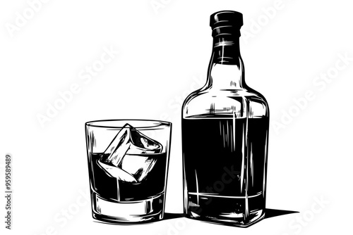 Whiskey bottle with visible label and filled glass with ice, vector illustration art