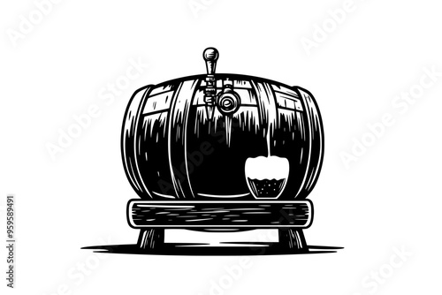 Wooden barrel with a beer tap and a small glass underneath being filled, vector illustration art