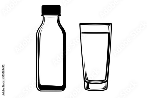 Yogurt drink bottle with a visible liquid level standing beside an empty glass, vector illustration art