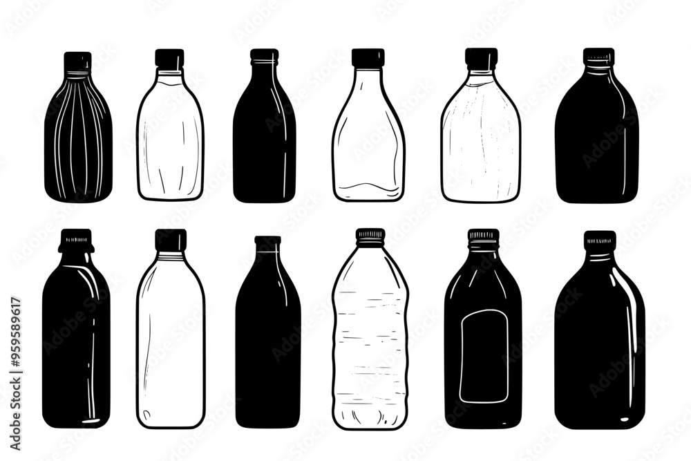 Assorted premium tonic water bottles displayed in an orderly manner, vector illustration art Assorted premium tonic water bottles displayed in an orderly manner, vector illustration art