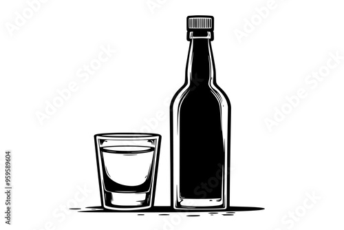Uncorked vodka bottle and a filled shot glass, vector illustration art