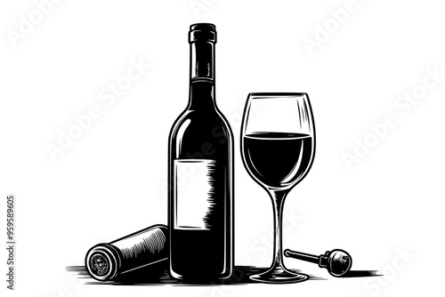 Unopened wine bottle with a filled glass and a corkscrew resting nearby, vector illustration art