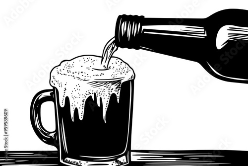 An image of root beer being poured from a bottle into a frosty mug, foam forming, vector illustration art