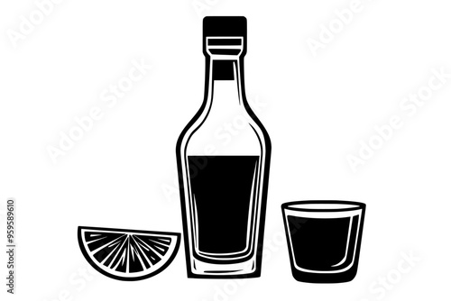 Open bottle of tequila with filled shot glass, lime wedges nearby, vector illustration art