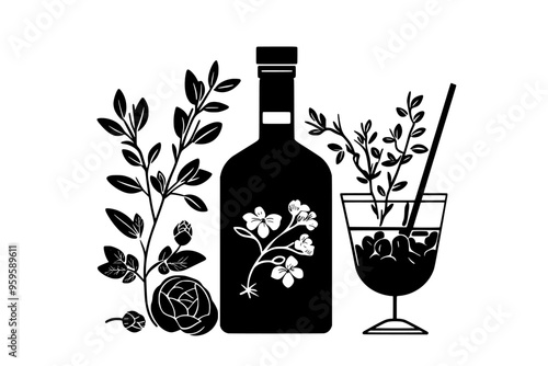 Open gin bottle with filled glass, garnished with botanicals and herbs, vector illustration art