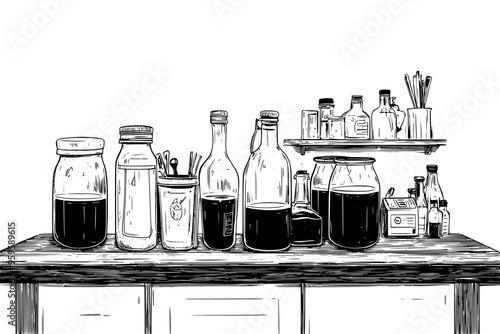 Assorted glass containers with liquid, positioned near fermentation equipment on a wooden tabletop, vector illustration art
