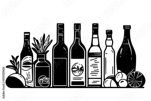 Assorted bottles with liquid, placed next to fresh ingredients on a neutral background, vector illustration art