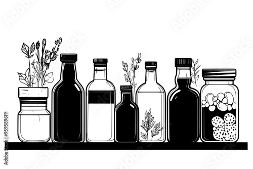 Assorted bottles filled with liquid, next to jars with probiotic cultures on a table, vector illustration art