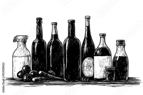 Bottles and jars with liquid, accompanied by fermentation equipment on a rustic table, vector illustration art