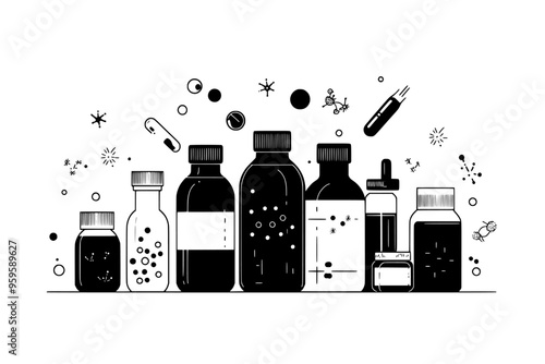 Bottles containing liquid, surrounded by small jars of probiotic cultures on a clean tabletop, vector illustration art