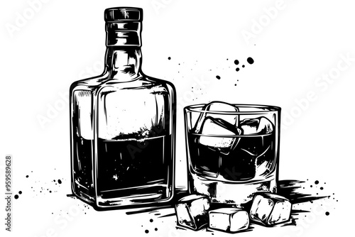 Open whiskey bottle and filled glass with ice cubes, vector illustration art