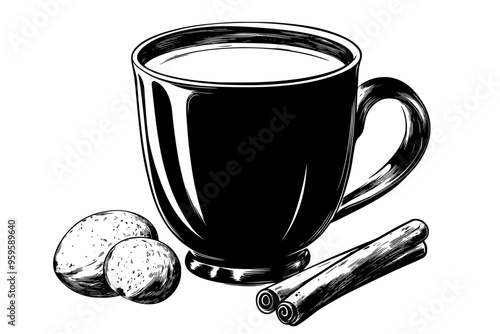 Ceramic mug containing eggnog beside whole nutmeg and cinnamon sticks, vector illustration art