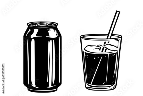 Unopened can next to a glass holding liquid, with a straw inserted, vector illustration art