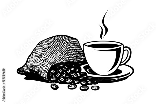 Coffee beans spilling from a burlap sack beside a cup of freshly brewed coffee, vector illustration art