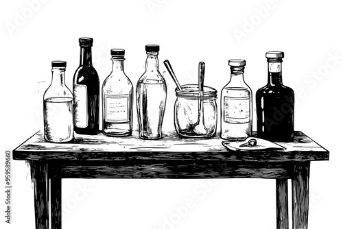 Bottles and jars with liquid, accompanied by fermentation equipment on a rustic table, vector illustration art