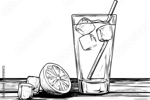 Clear glass of lemonade with ice cubes, set on a wooden table, vector illustration art