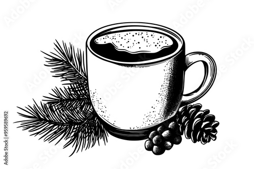 Cup of hot beverage with nutmeg and whole cloves next to pine branches, vector illustration art
