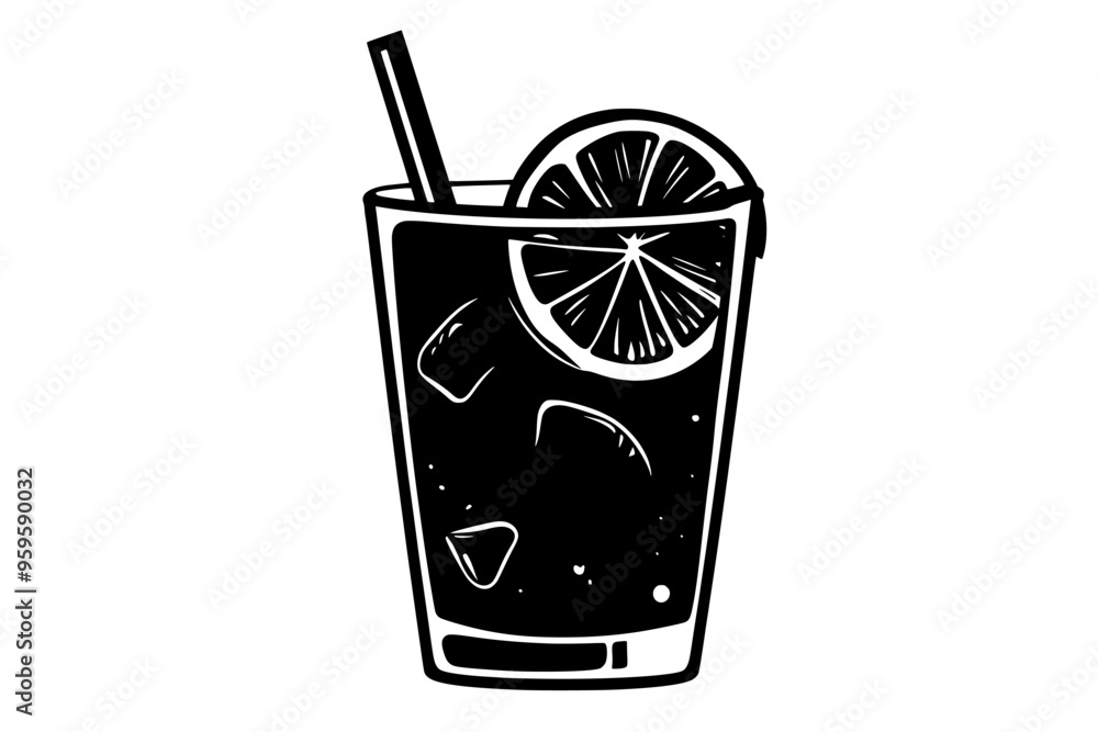 Tropical cocktail in clear glass with visible fruit slices and straw, vector illustration art Tropical cocktail in clear glass with visible fruit slices and straw, vector illustration art