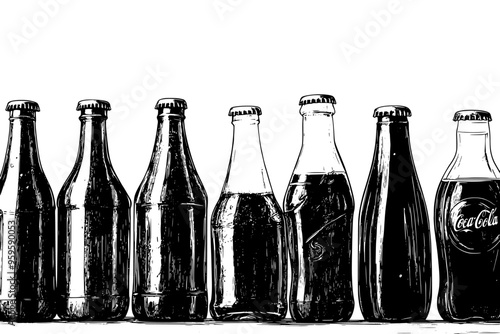 Various artisanal soda bottles positioned side by side on a wooden surface, vector illustration art