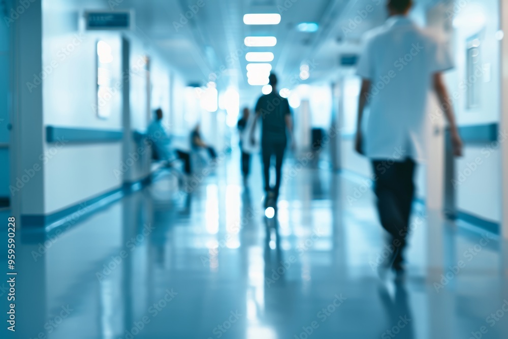 Blurred hospital corridor with people walking and medical staff working in the background, blurred background concept for health care, photo on white isolated background. Blurred hospital corridor with people walking and medical staff working in the background, blurred background concept for health care, photo on white isolated background.