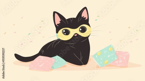 A playful black cat wearing a yellow mask, surrounded by colorful blocks. A whimsical illustration perfect for cat lovers. photo