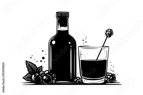 Bottle of flavored cider next to a glass with liquid and a berry skewer, vector illustration art