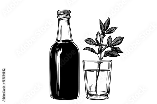 Bottle of apple cider next to a glass filled with liquid and a sprig of herbs, vector illustration art