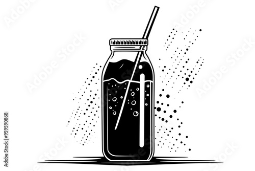 Bottle of soft drink with a straw, filled with liquid and condensation on the surface, vector illustration art