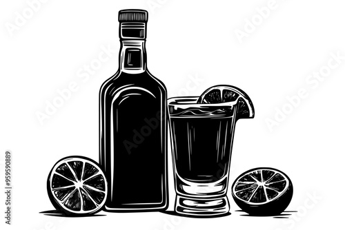 Bottle of tequila with filled shot glass and lime wedge on rim, vector illustration art
