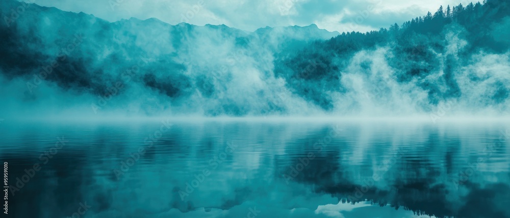 Obraz premium Foggy Morning Over a Tranquil Lake and Mountain Range