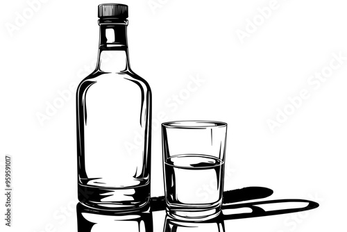 Vodka bottle and shot glass on a flat, reflective surface, vector illustration art