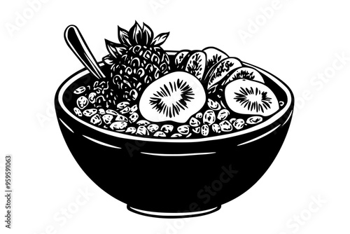 Bowl filled with a thick acai smoothie, decorated with granola and fruit slices, vector illustration art