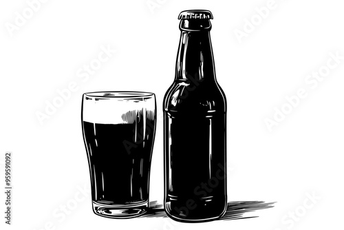Bottle of non-alcoholic beer next to clear glass on plain surface, vector illustration art