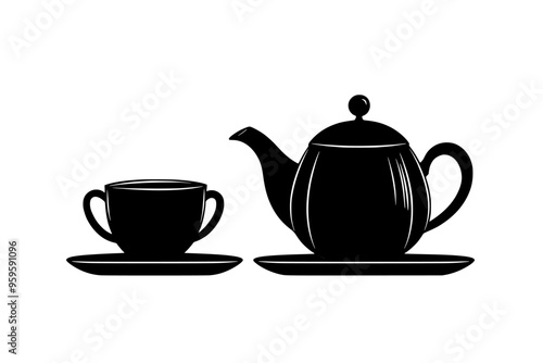 Chai tea set with a teapot and cup on a flat surface, vector illustration art