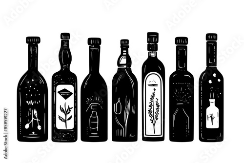 Collection of craft distillery bottles with unique labels and corks, vector illustration art