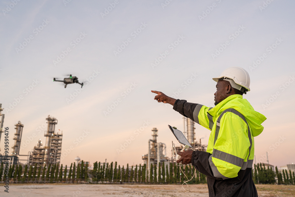custom made wallpaper toronto digitalEngineer Specialists Pilot Drone on Construction Site. Architectural Engineer and Safety Engineering Inspector Fly Drone at industrial plant.