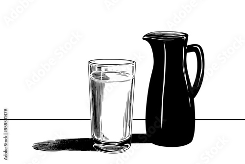 Filled glass near a lactose-free milk jug on a table, vector illustration art