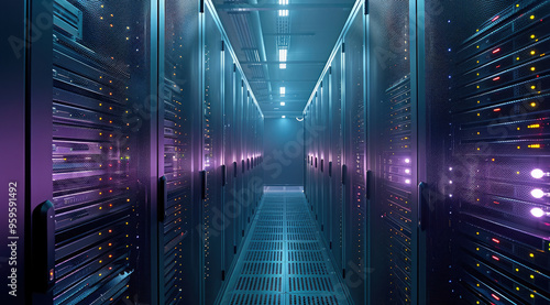 A virtual private server in a cloud provider data center  providing isolated resources  its status lights glowing softly in a controlled  cool environment. Generative AI.
